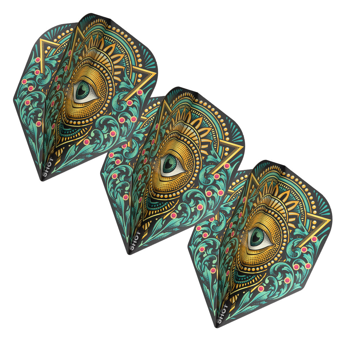 Three Zen Kensho No.6 dart flights in angled view with intricate gold and teal mandala eye design, isolated on white background