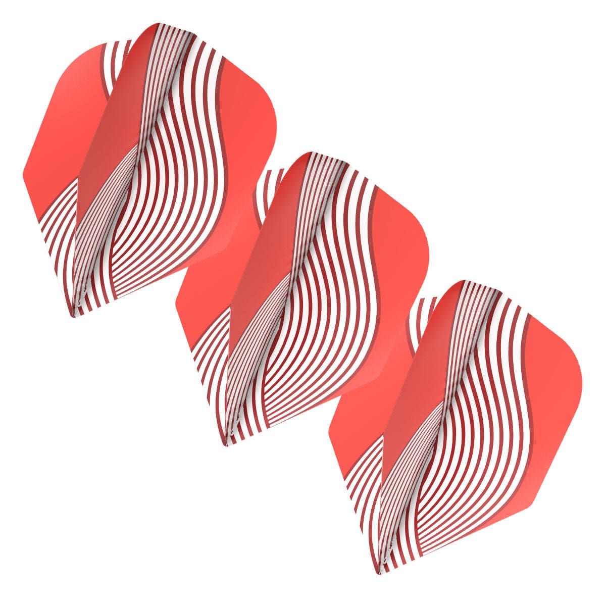 Three No.6 dart flights with red and white curved stripe pattern, angled view, isolated on white background for dart equipment display