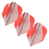 Three No.6 dart flights with red and white curved stripe pattern, angled view, isolated on white background for dart equipment display