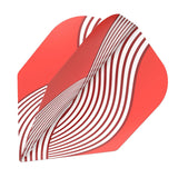 Close-up angled view of one Zen Kyudo No.6 dart flight with bold red and white stripes, isolated on white background showing folded fins.