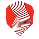 Red No.6 dart flight with curved white stripes, full product view, isolated on white background, highlighting flight shape and design