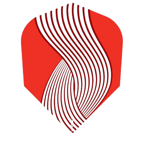 Red No.6 dart flight with curved white stripes, full product view, isolated on white background, highlighting flight shape and design