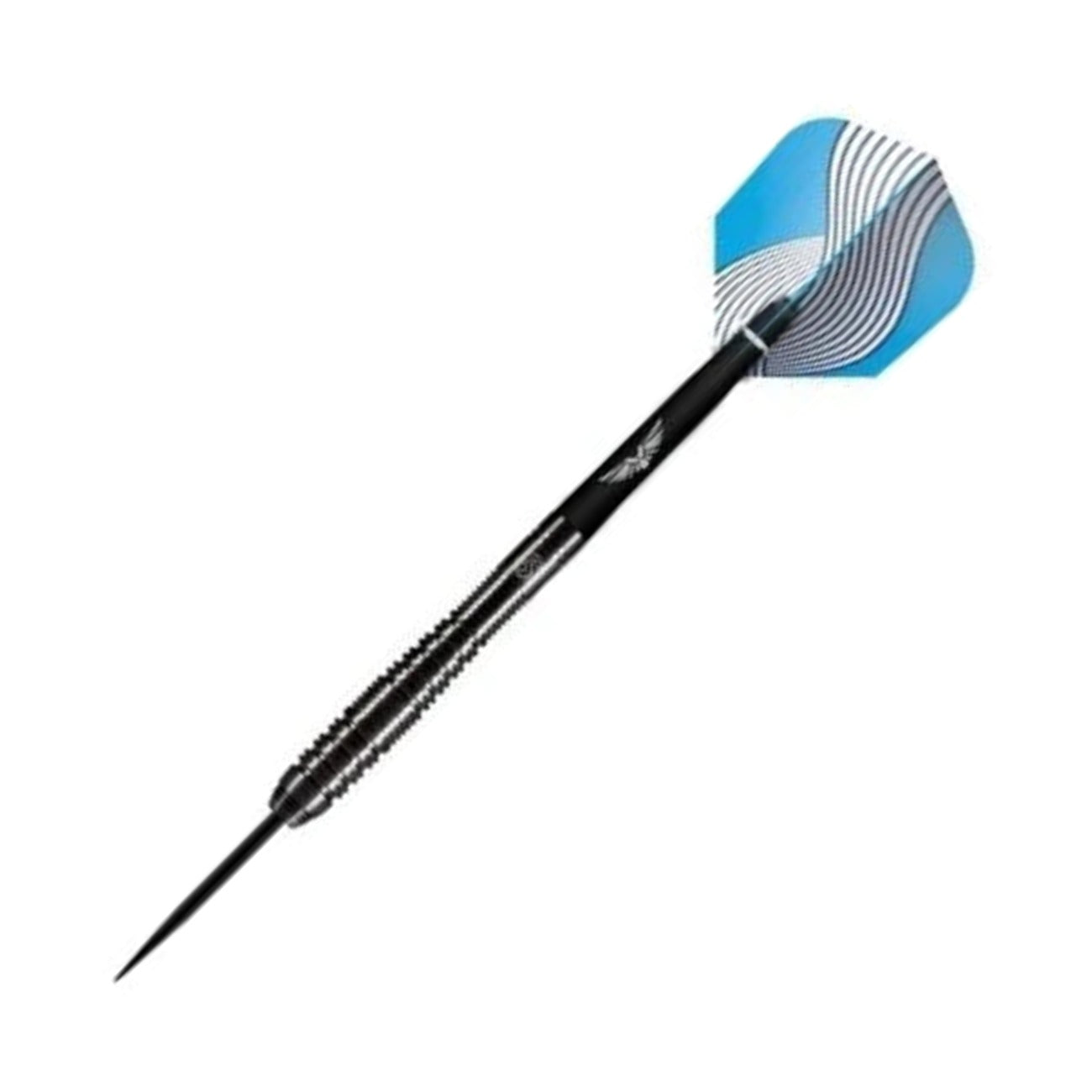 Shot Zen Roshi 1 Series 90% tungsten dart shown at an angle with flight and shaft fitted