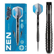 Shot Zen Roshi 1 Series 90% tungsten darts - retail packaging, full dart and close-up of the black titanium ring and scallop grip barrel