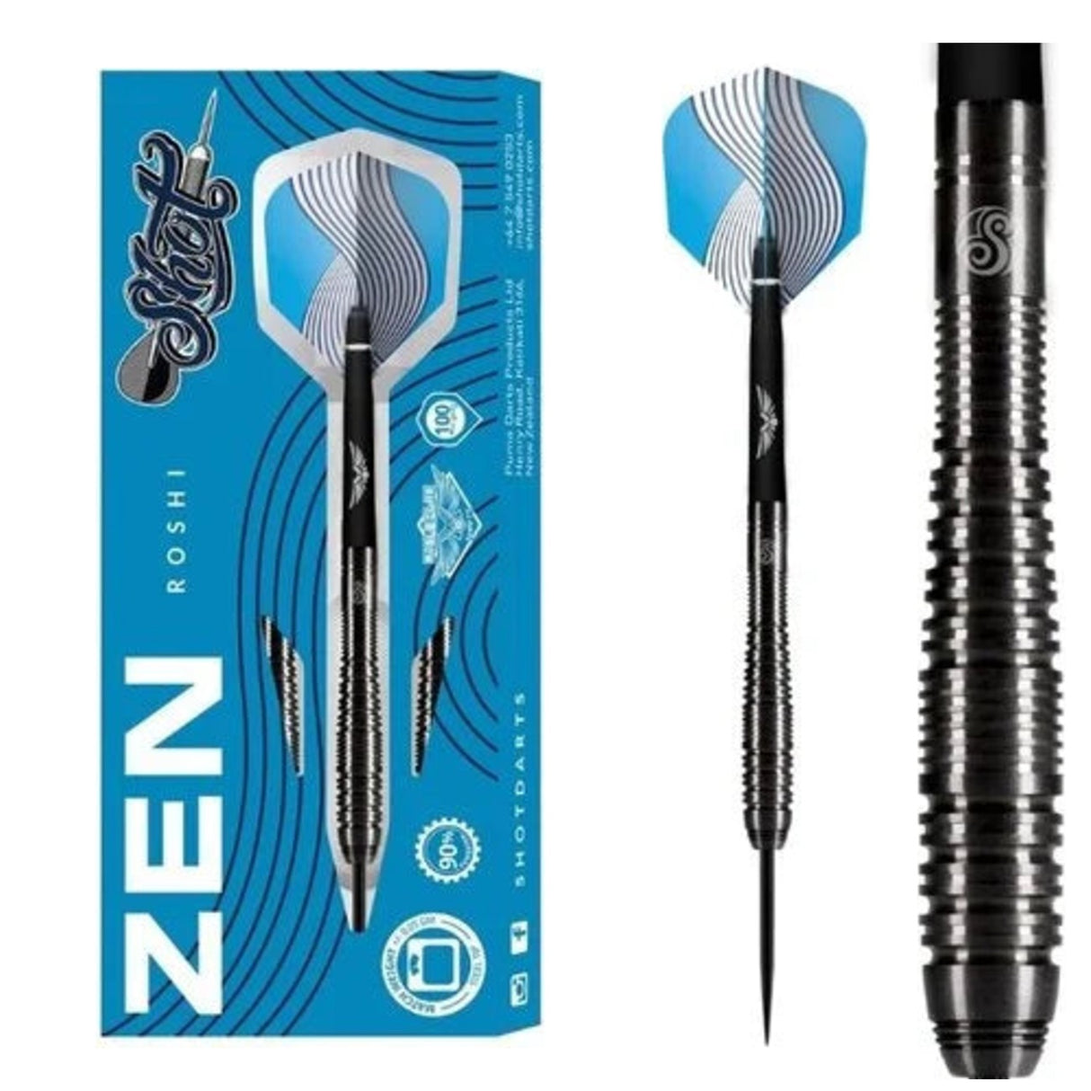 Shot Zen Roshi 1 Series 90% tungsten darts - retail packaging, full dart and close-up of the black titanium ring and scallop grip barrel