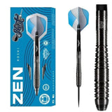 Shot Zen Roshi 1 Series 90% tungsten darts - retail packaging, full dart and close-up of the black titanium ring and scallop grip barrel