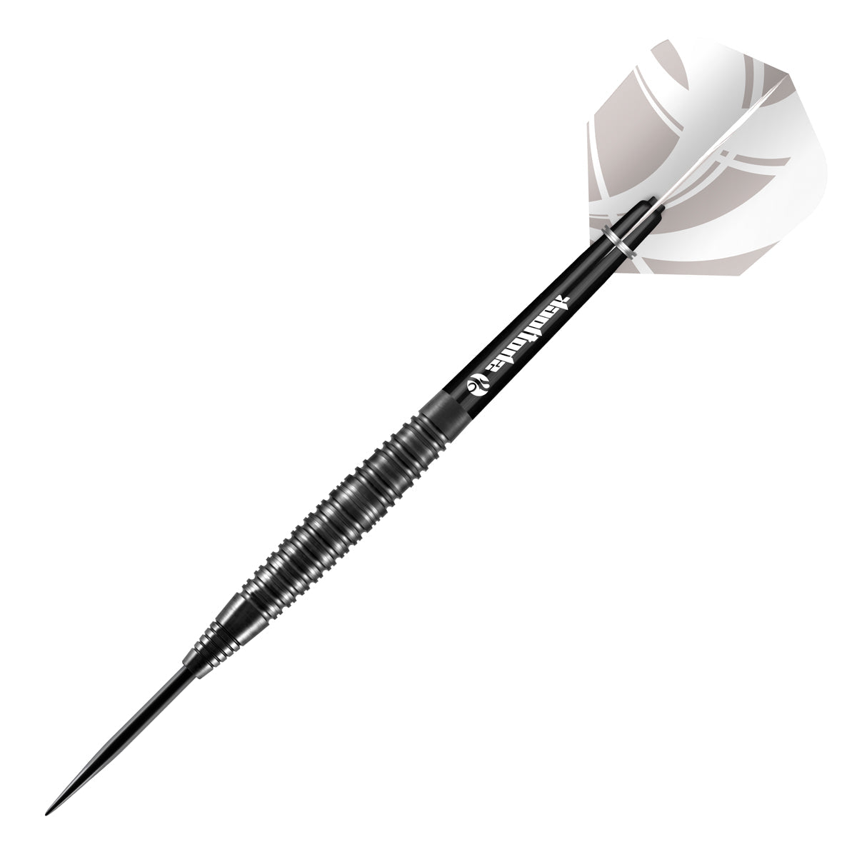 Single tungsten dart with black ringed barrel, steel tip, black shaft, and geometric white flight on white background