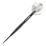 Single tungsten dart with black ringed barrel, steel tip, black shaft, and geometric white flight on white background