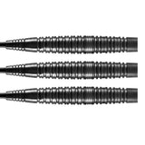 Close-up of three 90% tungsten dart barrels with precision ringed grip texture, isolated on white background, ideal for dart players