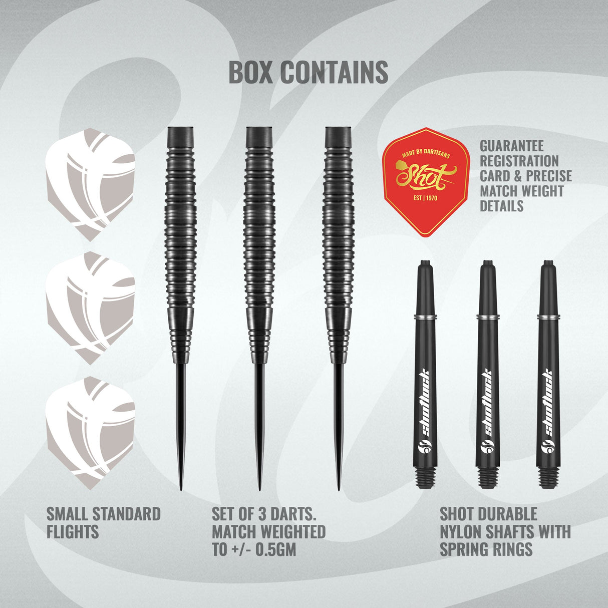 Top-down view of 90% tungsten darts set with three grip-textured barrels, standard flights, nylon shafts, and guarantee card