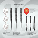 Top-down view of 90% tungsten darts set with three grip-textured barrels, standard flights, nylon shafts, and guarantee card