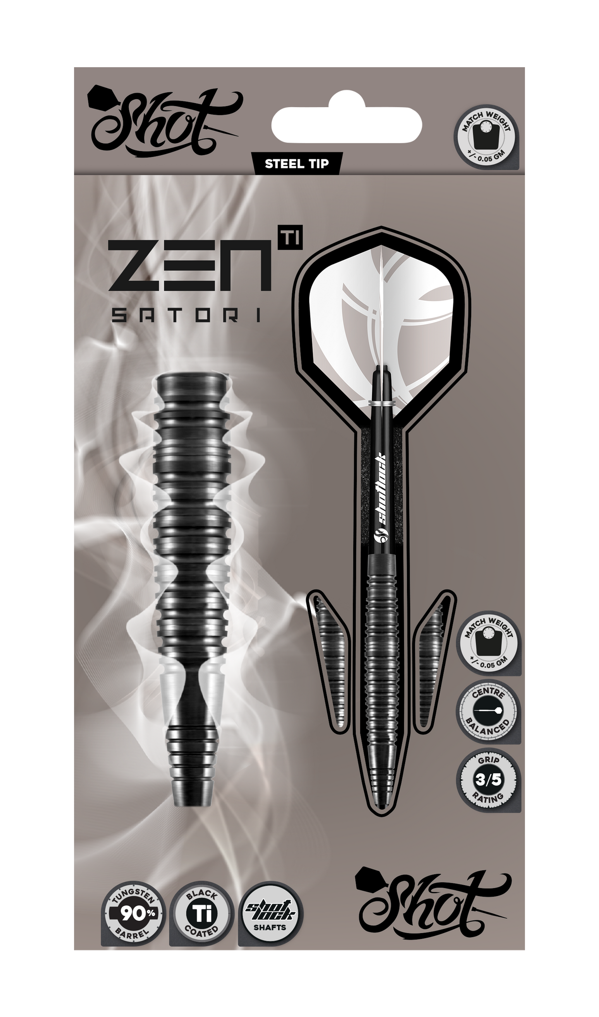 Steel tip 90% tungsten darts in retail packaging, black coated, close-up of ringed barrel grip, center balanced, with shafts and flights