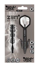 Steel tip 90% tungsten darts in retail packaging, black coated, close-up of ringed barrel grip, center balanced, with shafts and flights
