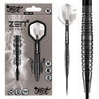 Steel tip tungsten darts in retail packaging with close-up of black grooved barrel texture, flight shape, and grip detail