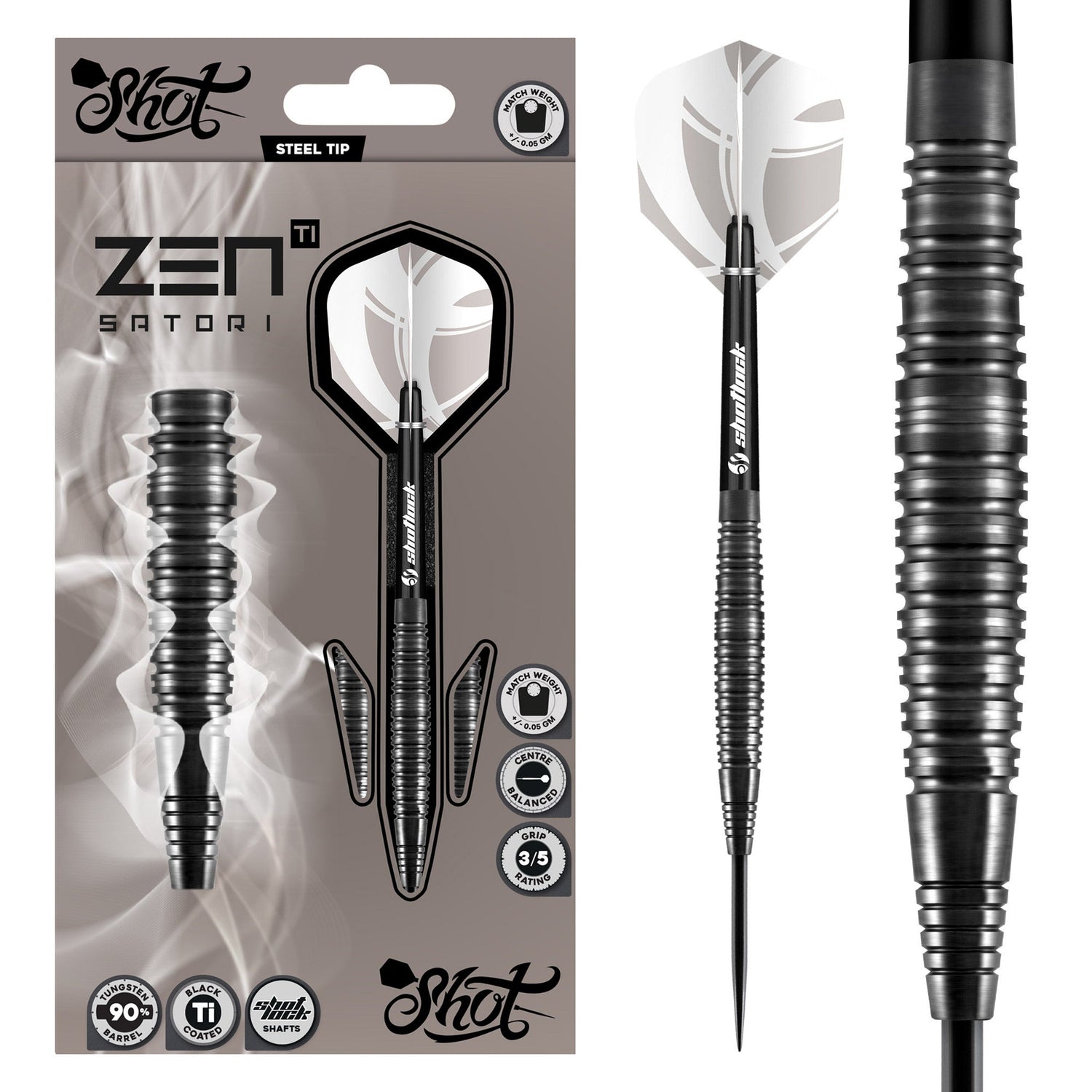 Steel tip tungsten darts in retail packaging with close-up of black grooved barrel texture, flight shape, and grip detail