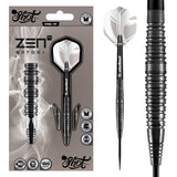 Steel tip tungsten darts in retail packaging with close-up of black grooved barrel texture, flight shape, and grip detail