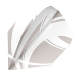 Close-up angled view of a single No.6 dart flight with geometric pattern, highlighting 100 micron thickness and sturdy dart flight design