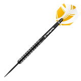 Full view tungsten dart with grooved barrel grip and yellow-white flights, isolated on white background