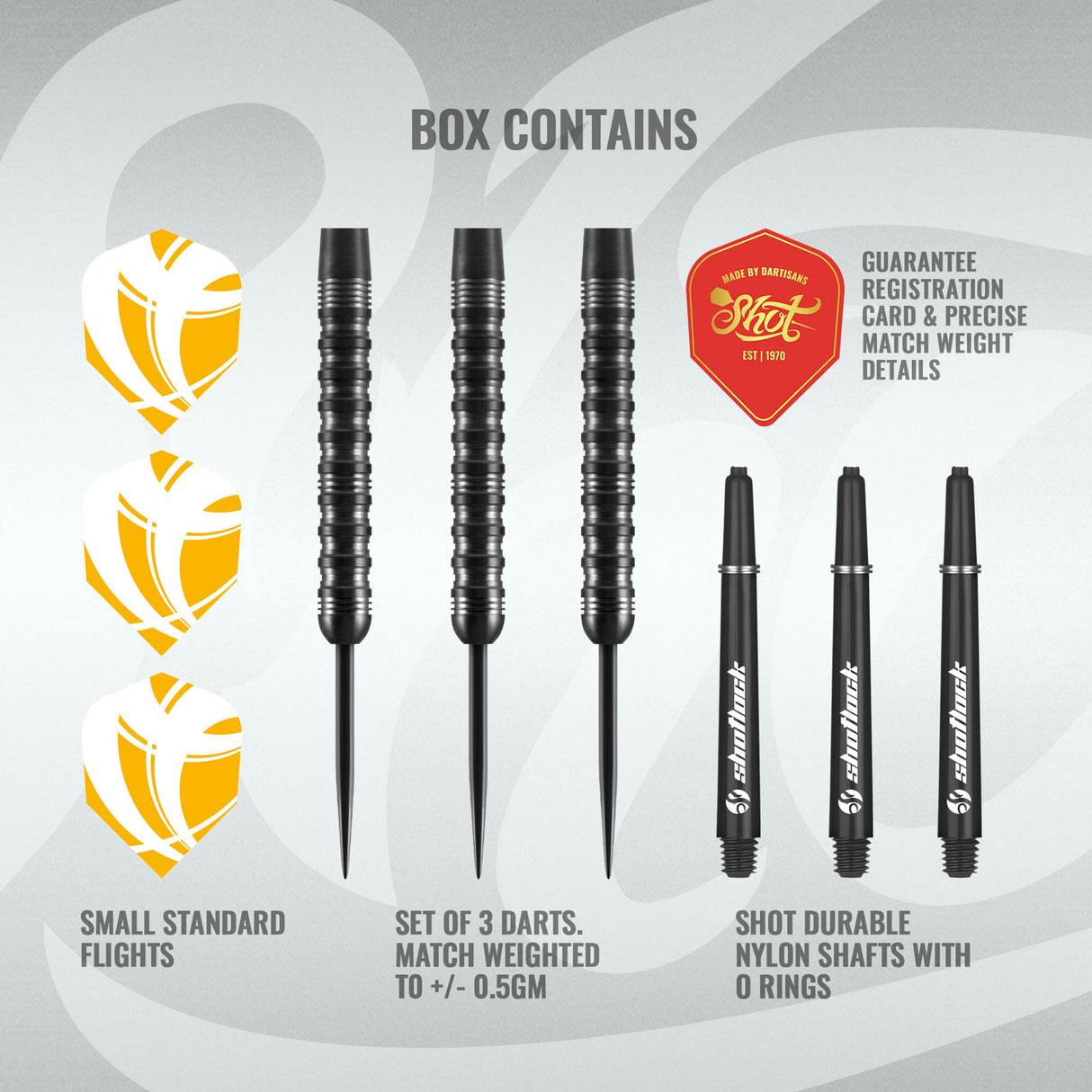 Box contents display with three grooved tungsten dart barrels, three shafts, three orange flights, and registration card on white background
