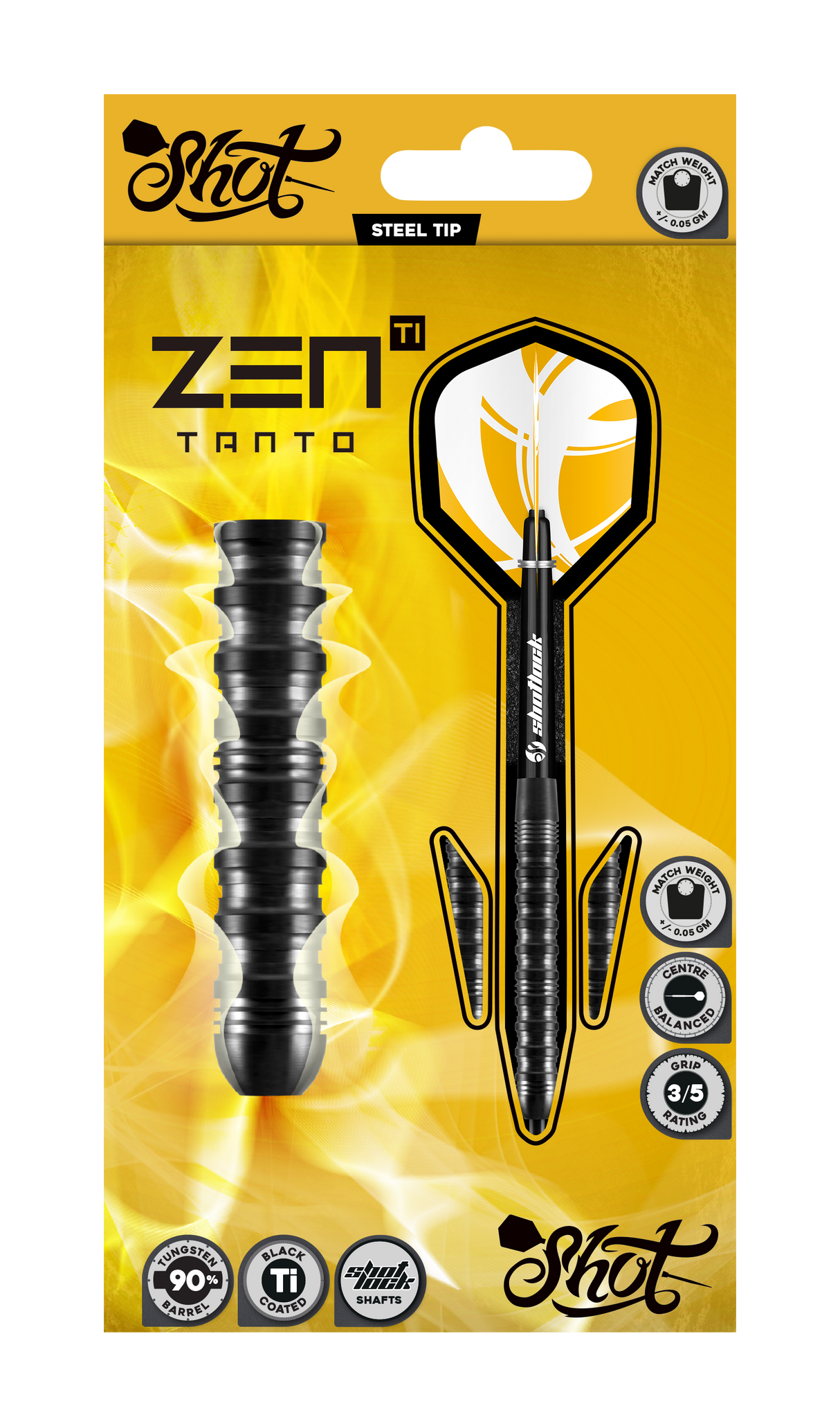 Steel tip tungsten darts in retail packaging, showing black grooved barrel texture, flight shape and set arrangement for dart players