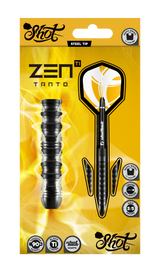 Steel tip tungsten darts in retail packaging, showing black grooved barrel texture, flight shape and set arrangement for dart players