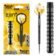 Steel tip tungsten dart set in retail packaging with close-up of black grooved barrel and flights, optimized for dart players