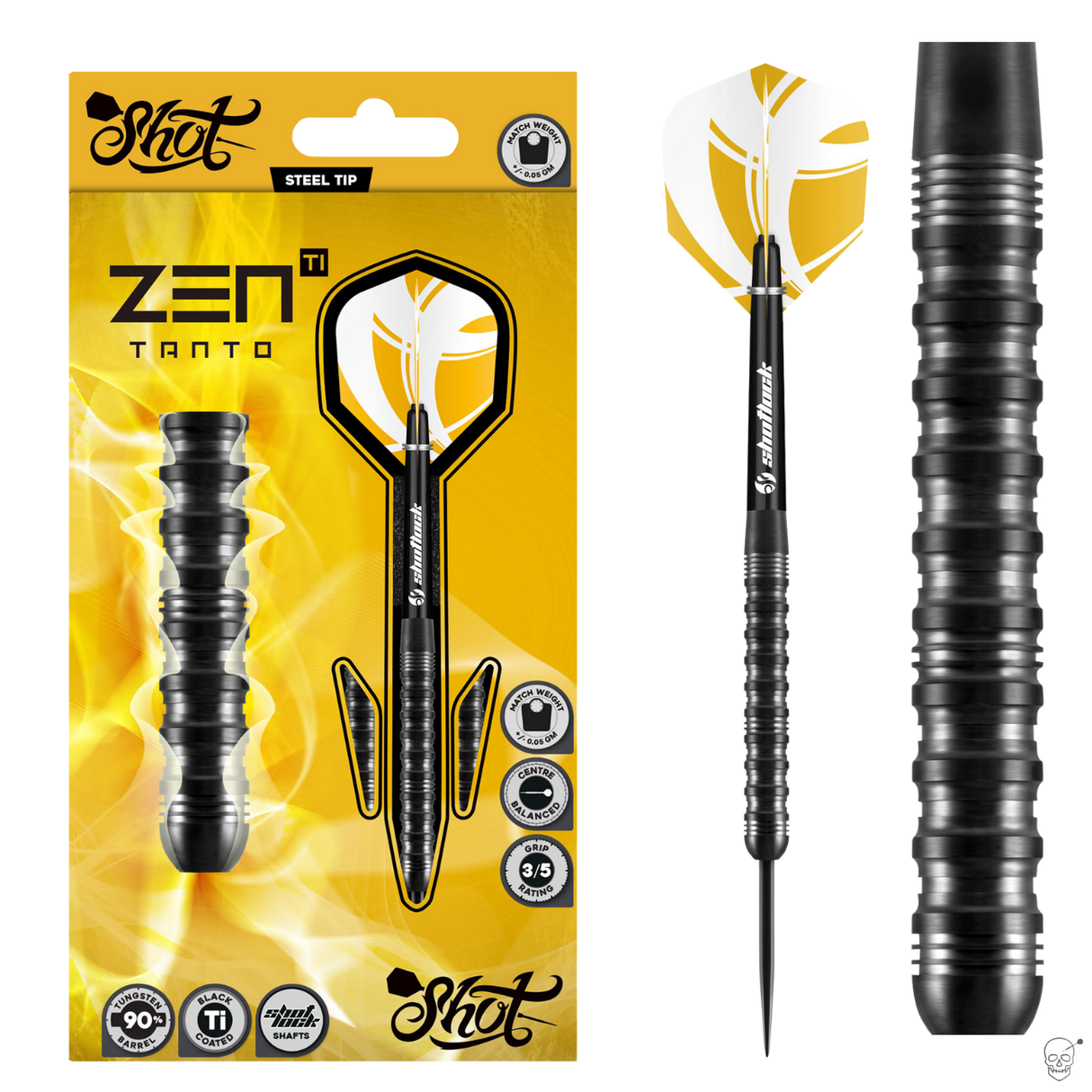Steel tip tungsten dart set in retail packaging with close-up of black grooved barrel and flights, optimized for dart players