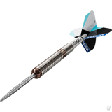 Target Adam Lipscombe G1 dart – angled view of the straight ringed silver and bronze barrel with flight and shaft fitted