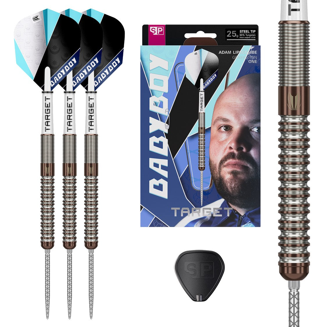 Target Adam Lipscombe G1 darts set of three with retail packaging and barrel close-up