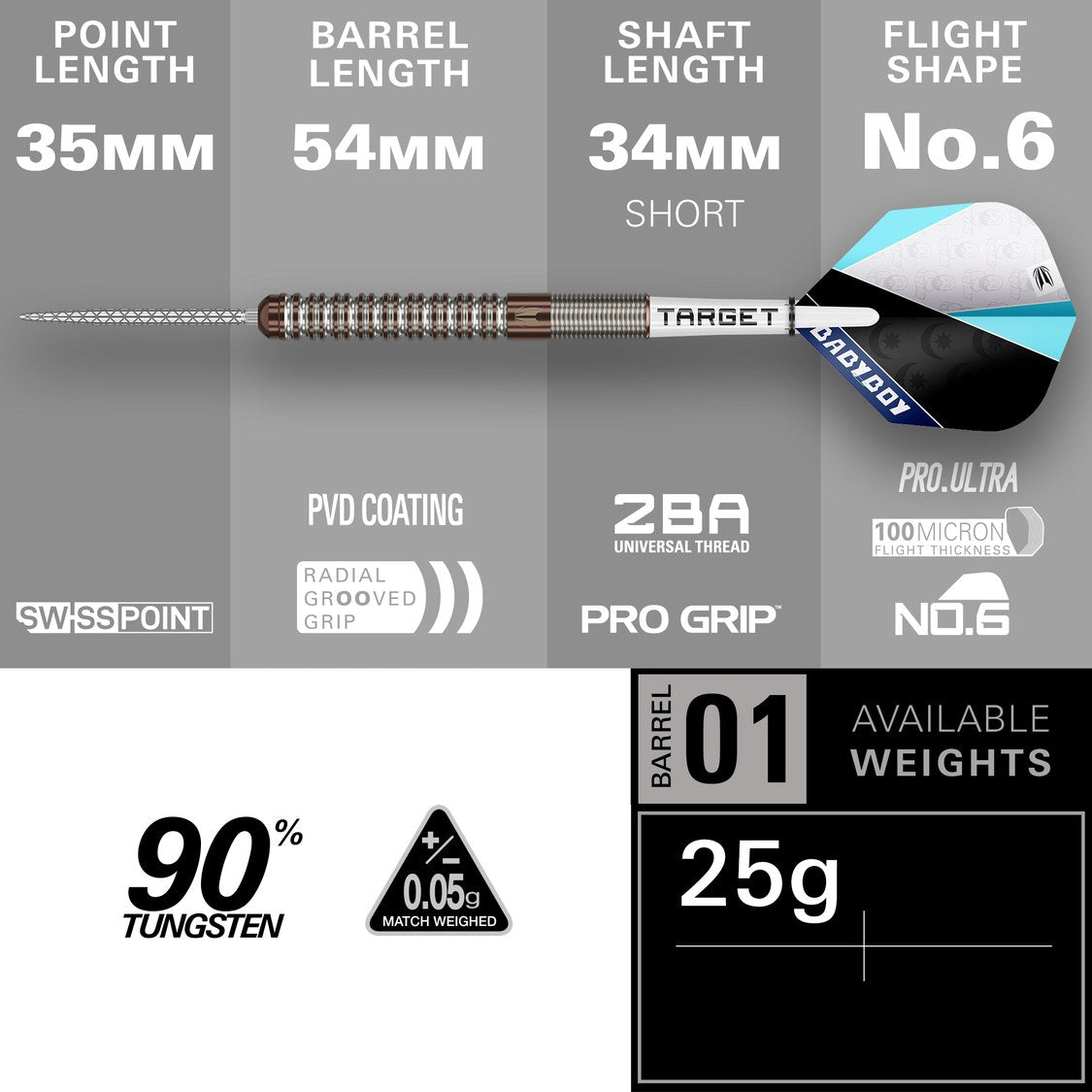 Target Adam Lipscombe G1 specification – 35mm Swiss Point, 54mm barrel, 90% tungsten, 25g