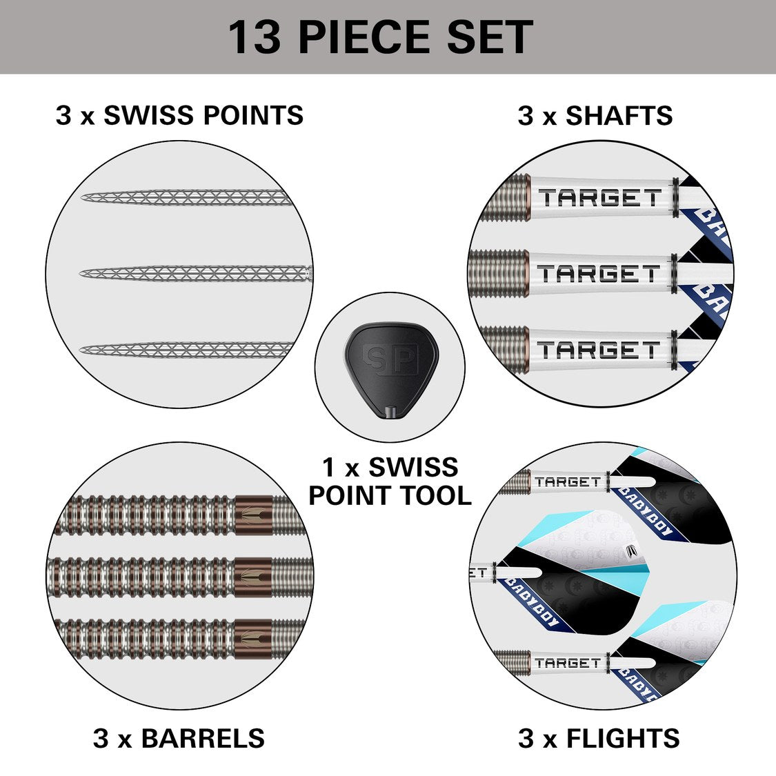Target Adam Lipscombe G1 set contents – barrels, Swiss Points, shafts, flights and Swiss Point tool