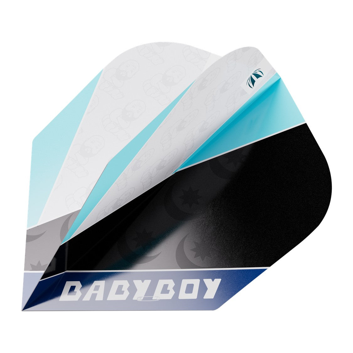 Target Adam Lipscombe Pro Ultra No.6 flight – angled view showing the white, teal and black Baby Boy print