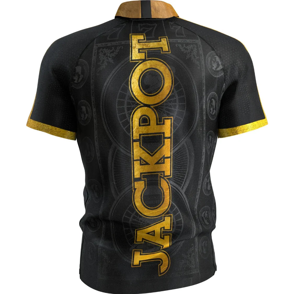 Back view dart shirt with bold gold JACKPOT lettering, black and gold accents, full product displayed on white background