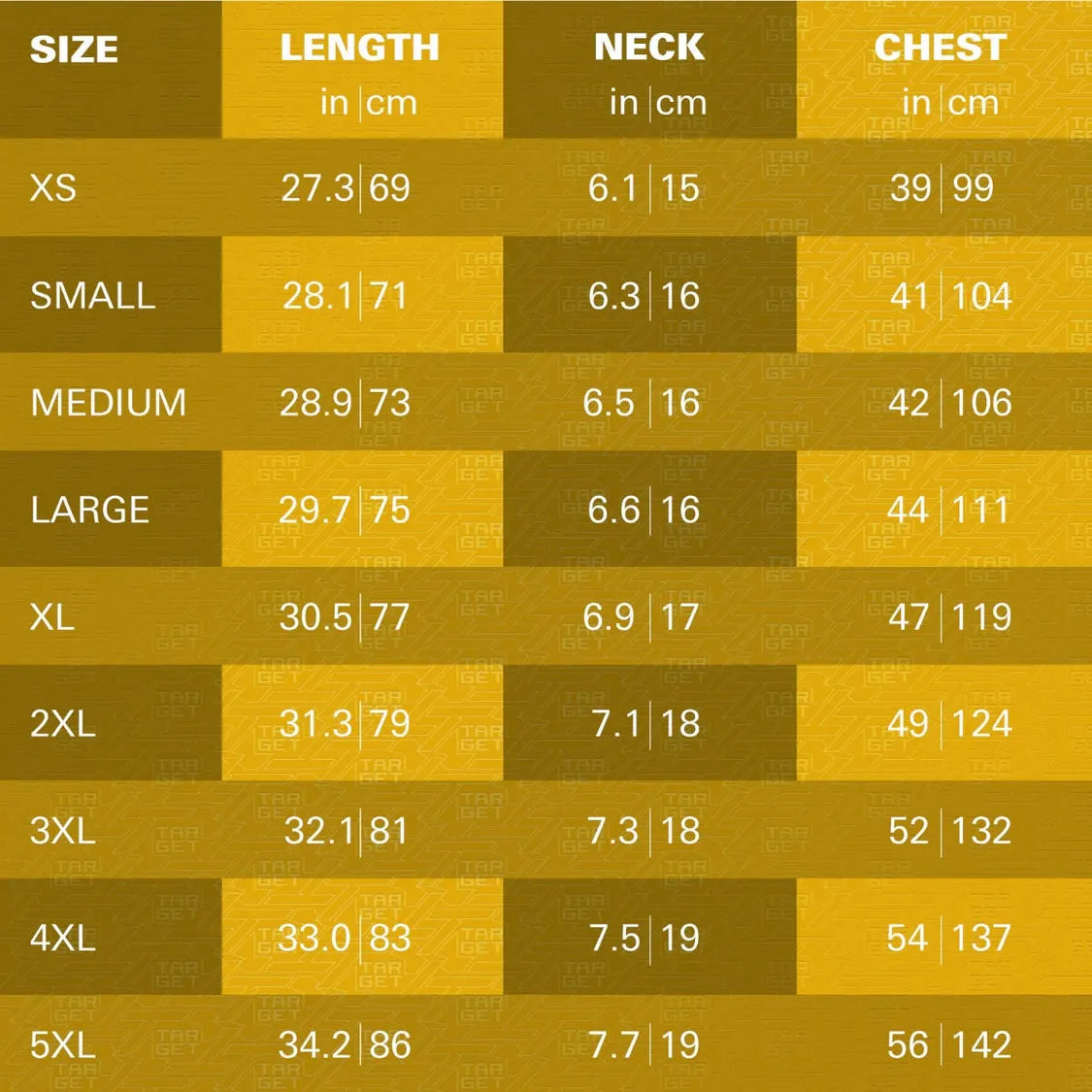 Dart shirt size chart with length, neck, and chest measurements for XS to 5XL in inches and centimeters