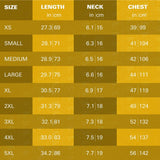 Dart shirt size chart with length, neck, and chest measurements for XS to 5XL in inches and centimeters