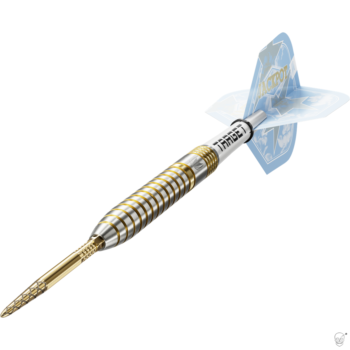 Target Adrian Lewis Showdown dart – angled view of the straight silver and gold pixel-milled barrel with flight and shaft fitted