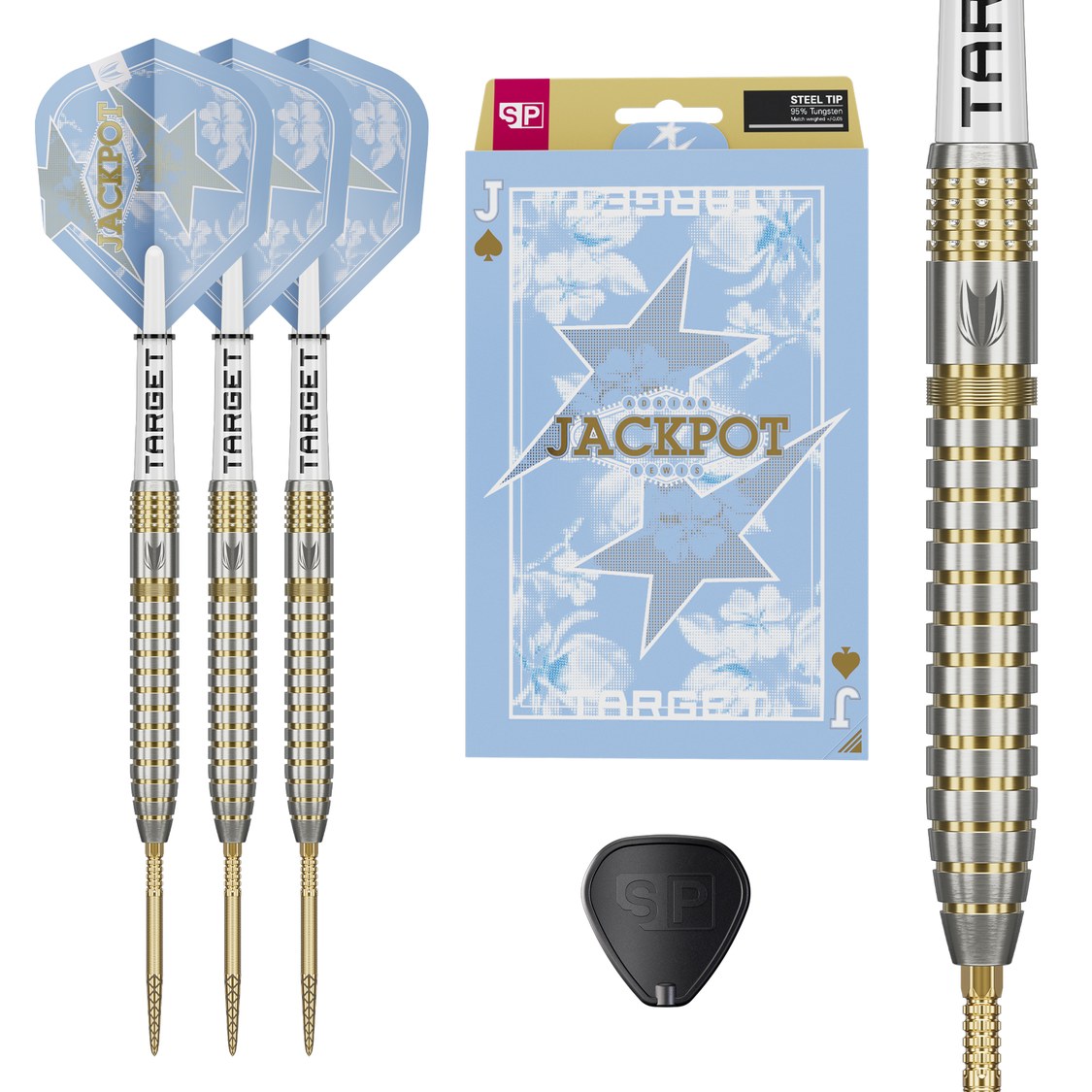 Target Adrian Lewis Showdown darts set of three with retail packaging and barrel close-up