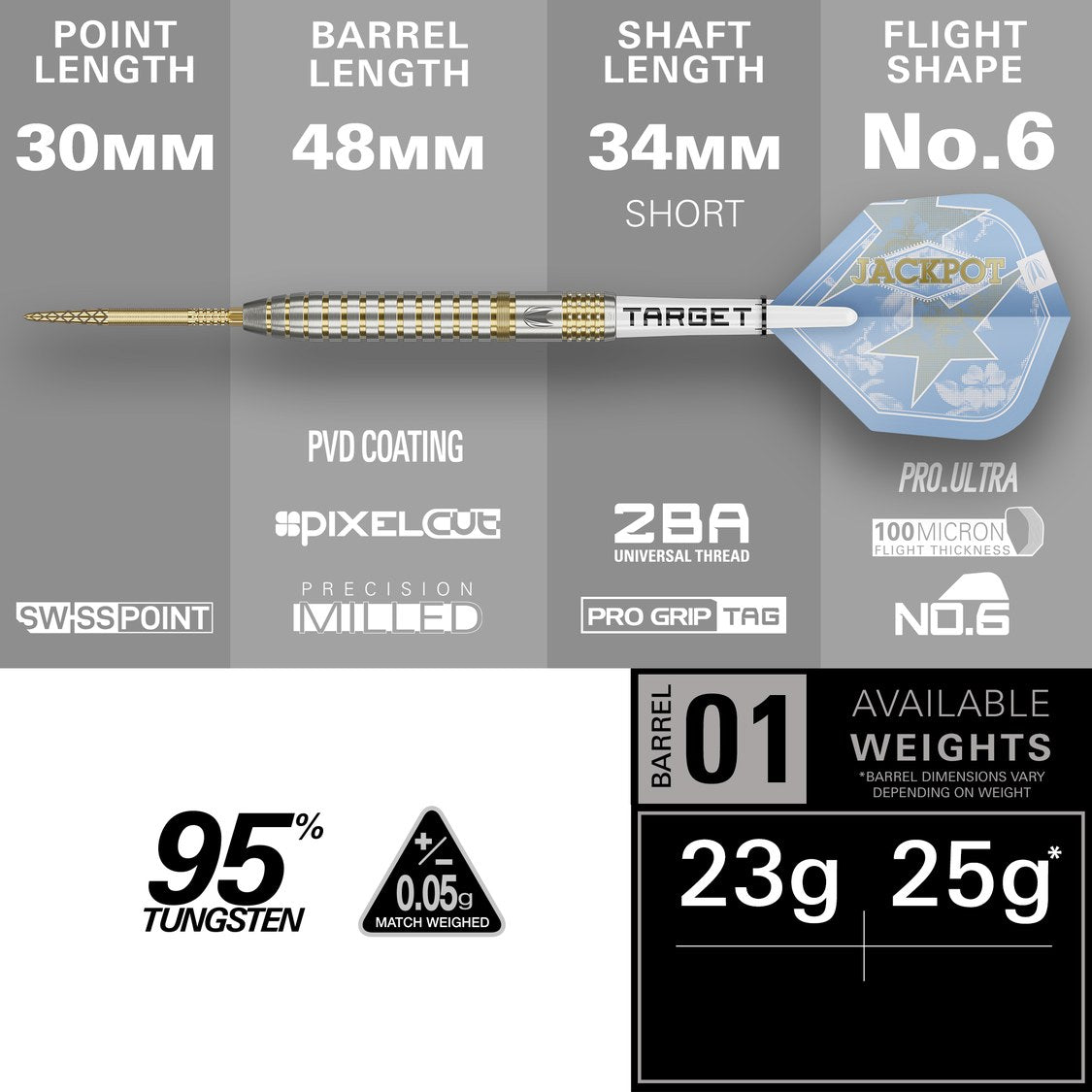 Target Adrian Lewis Showdown 23g specification – 30mm Swiss DX Point, 48mm barrel, 95% tungsten