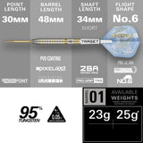 Target Adrian Lewis Showdown 23g specification – 30mm Swiss DX Point, 48mm barrel, 95% tungsten