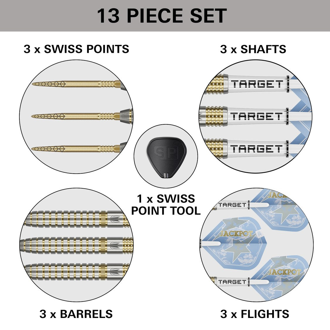 Target Adrian Lewis Showdown set contents – barrels, Swiss Points, shafts, flights and Swiss Point tool