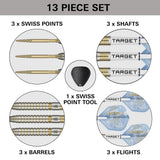 Target Adrian Lewis Showdown set contents – barrels, Swiss Points, shafts, flights and Swiss Point tool