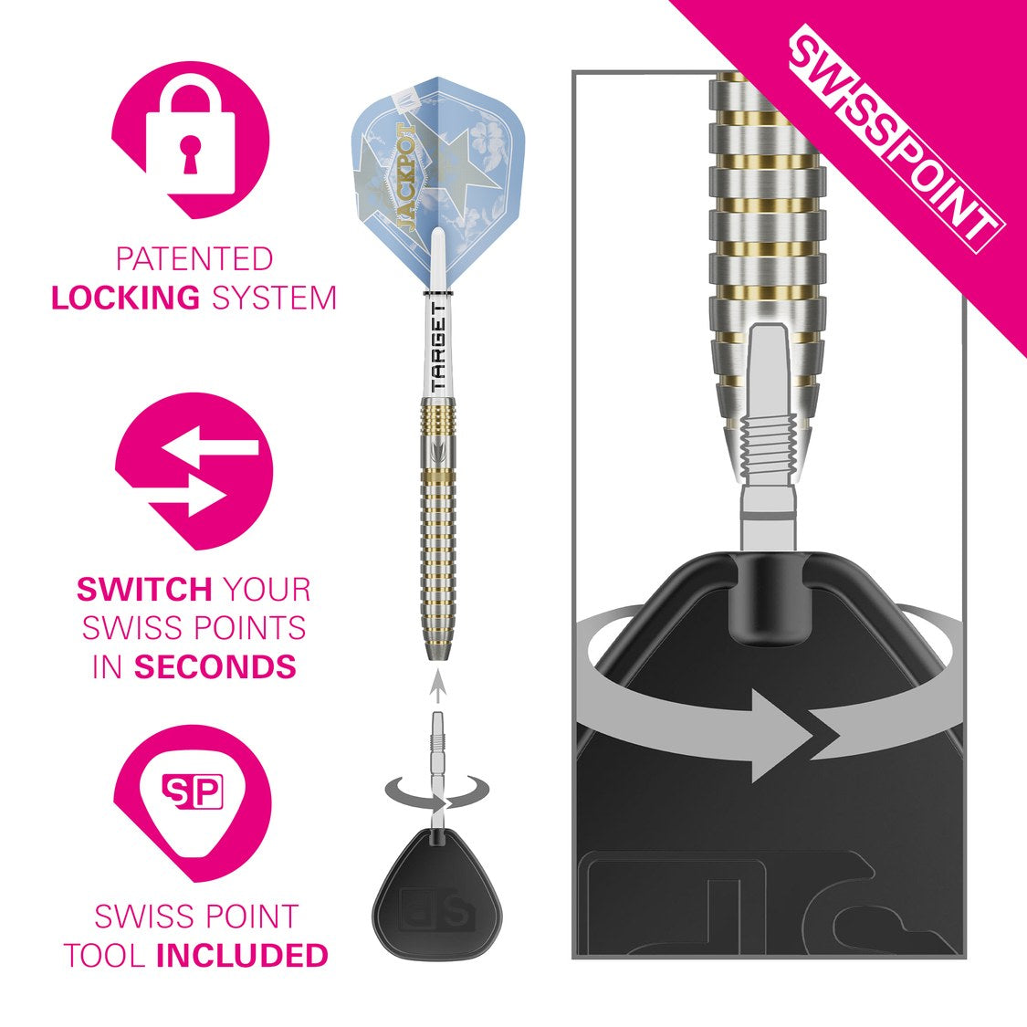 Target Adrian Lewis Showdown Swiss Point locking system – switch points in seconds with the included tool