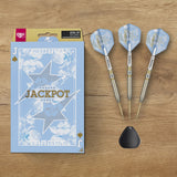 Target Adrian Lewis Showdown Jackpot darts and packaging on a wooden table
