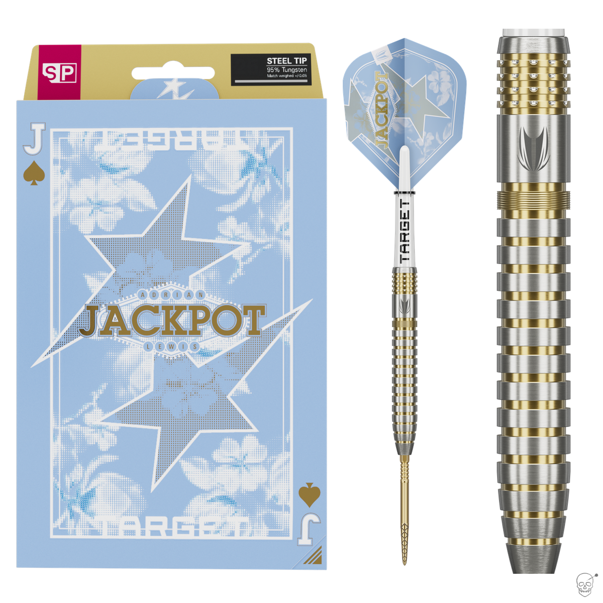 Target Adrian Lewis Showdown 95% tungsten Swiss Point darts – retail packaging with the full dart and a barrel close-up