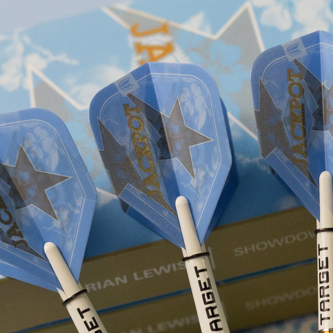 Target Adrian Lewis Showdown Pro Ultra No.6 flights fitted to darts – lifestyle shot