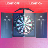 Dartboard cabinet shown with the Arc Cabinet Light off and on, comparing shadow and even illumination
