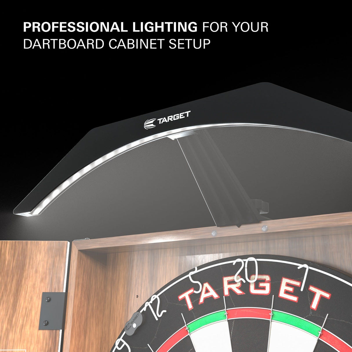 Arc Cabinet Light fitted to a dartboard cabinet in a home darts room