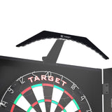 Target Arc Cabinet Light mounted on top of a dartboard cabinet, lighting the board evenly on a white background