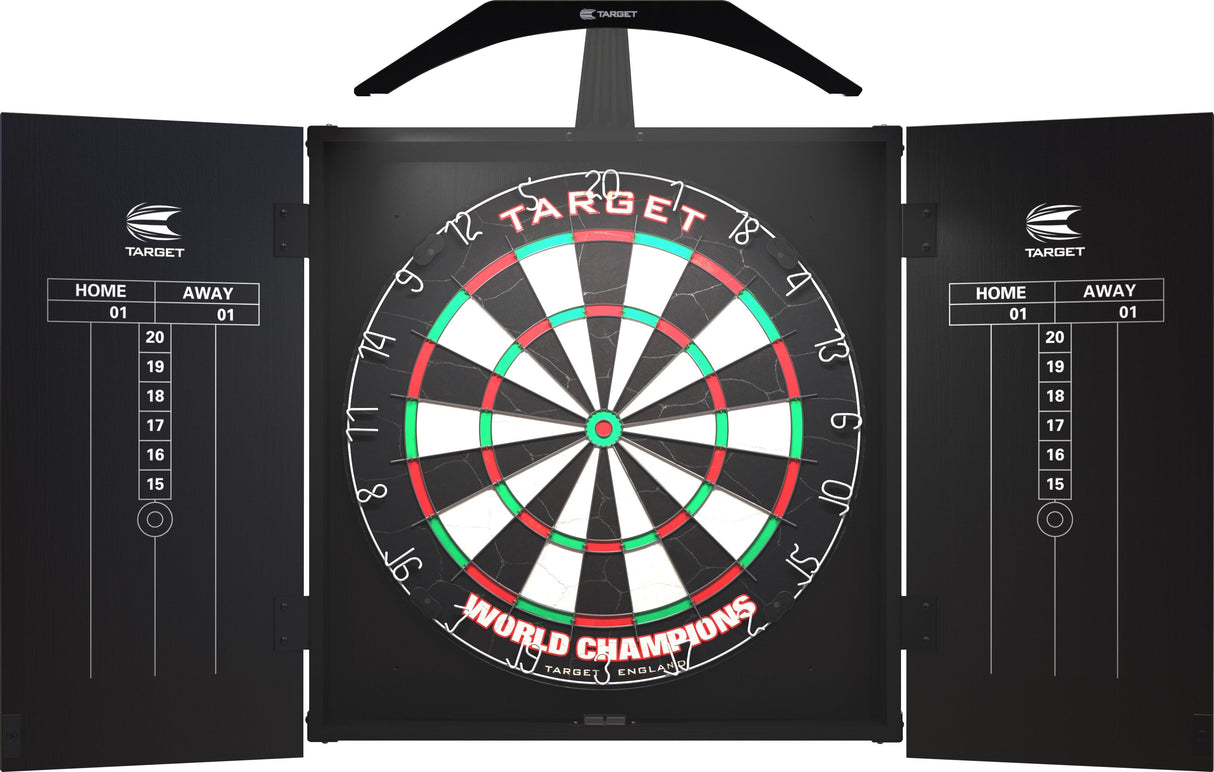 Dartboard cabinet set with illuminated bristle dartboard, open doors showing chalk scoreboards and integrated arc lighting system