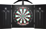 Dartboard cabinet set with illuminated bristle dartboard, open doors showing chalk scoreboards and integrated arc lighting system